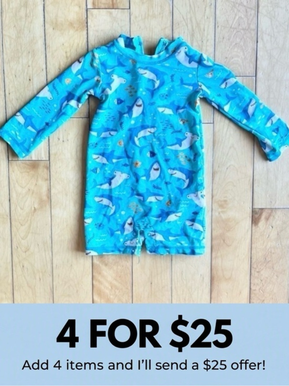 Hatley Shark‑Print Long Sleeve Rash Guard Snap Baby Romper Size 9–12 months.